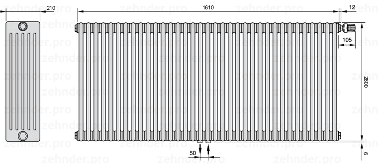 Схема (чертеж) Радиатор Zehnder Charleston 6280/35 №V008 Белый глянцевый RAL 9016